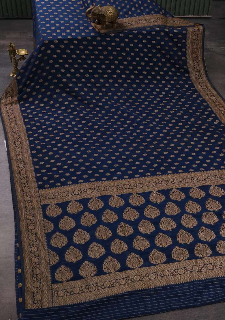 Banarasi Semi Crepe Saree Peacock Blue With Allover Woven Buttas And Woven Border With Buttas And Brocade Design For Women - Indya