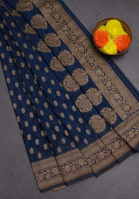 Banarasi Semi Crepe Saree Peacock Blue With Allover Woven Buttas And Woven Border With Buttas And Brocade Design For Women