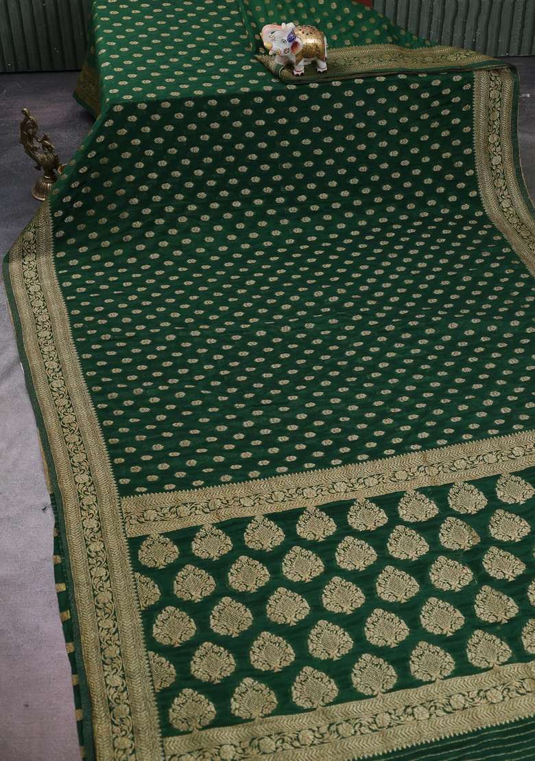 Banarasi Semi Crepe Saree Green With Allover Woven Buttas And Woven Border With Buttas And Brocade Design For Women - Indya