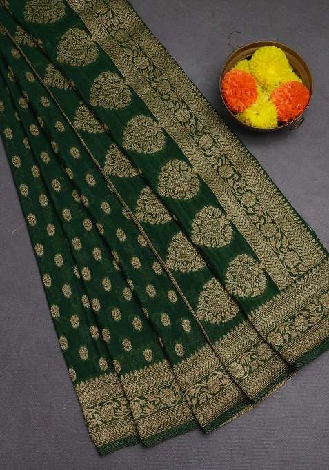 Banarasi Semi Crepe Saree Green With Allover Woven Buttas And Woven Border With Buttas And Brocade Design For Women
