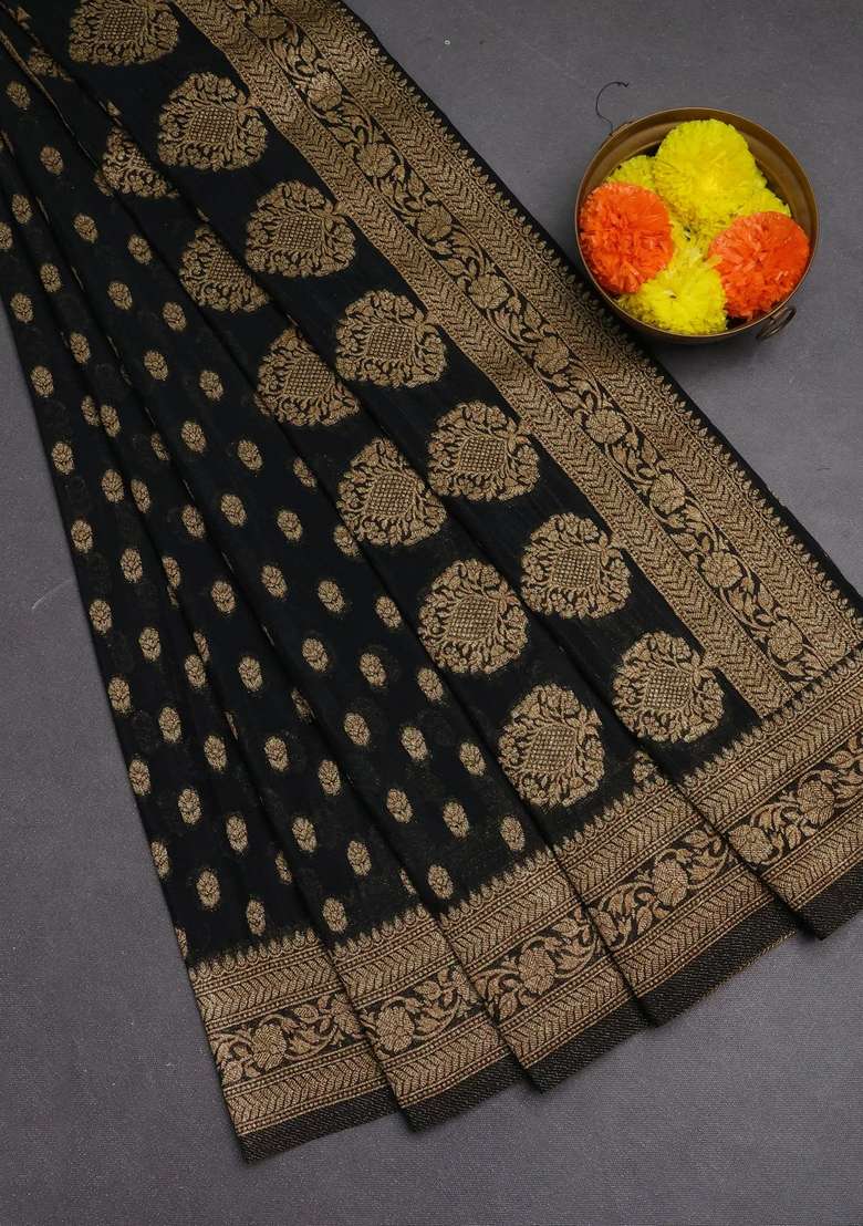 Banarasi Semi Crepe Saree Black With Allover Woven Buttas And Woven Border With Buttas And Brocade Design For Women - Indya