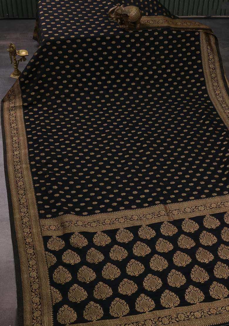 Banarasi Semi Crepe Saree Black With Allover Woven Buttas And Woven Border With Buttas And Brocade Design For Women - Indya