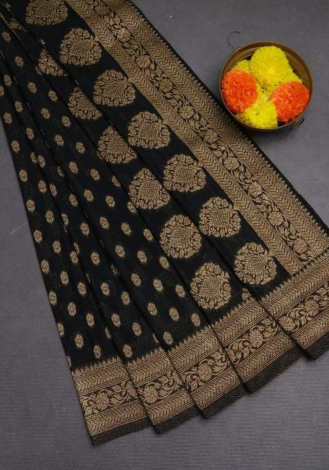 Banarasi Semi Crepe Saree Black With Allover Woven Buttas And Woven Border With Buttas And Brocade Design For Women