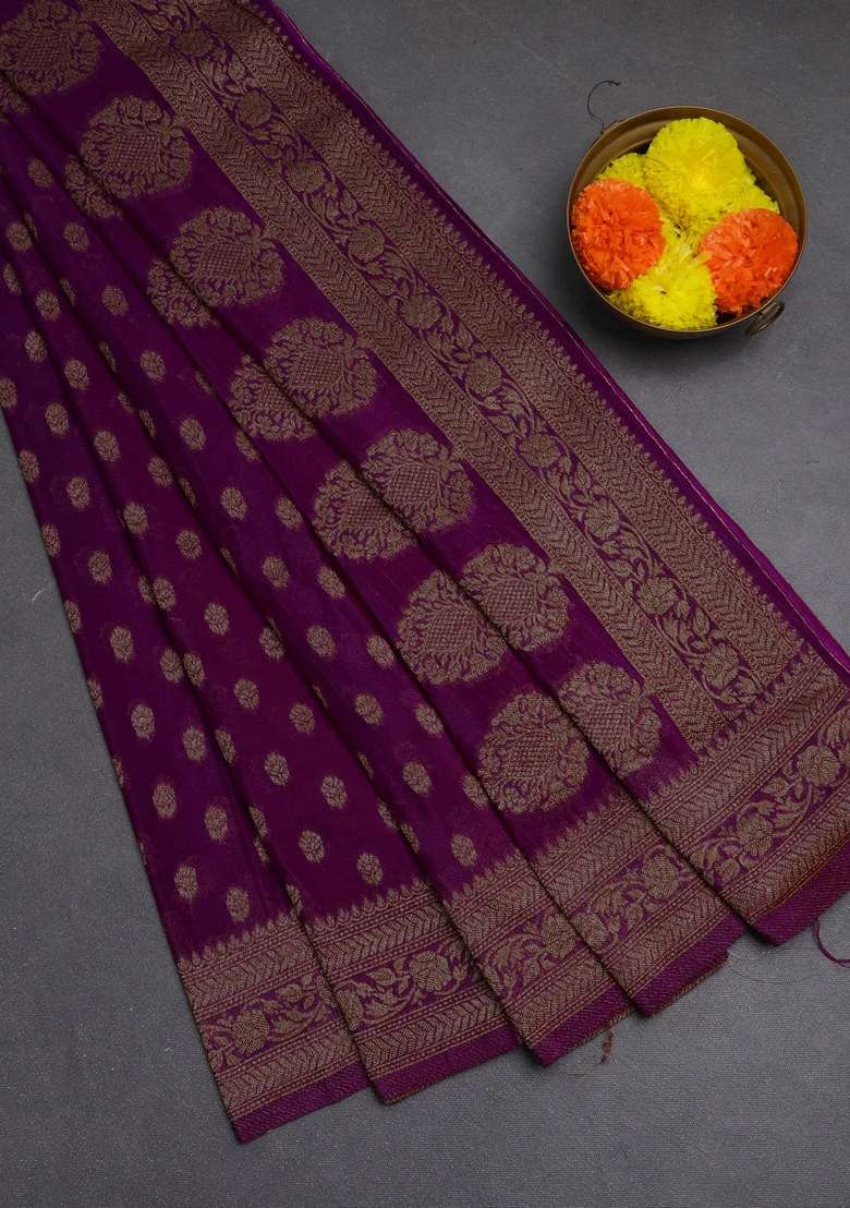 Banarasi Semi Crepe Saree Purple With Allover Woven Buttas And Woven Border With Buttas And Brocade Design For Women - Indya