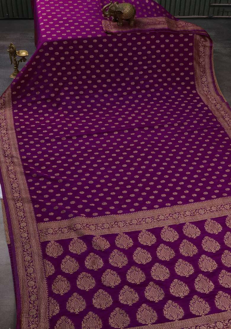 Banarasi Semi Crepe Saree Purple With Allover Woven Buttas And Woven Border With Buttas And Brocade Design For Women - Indya