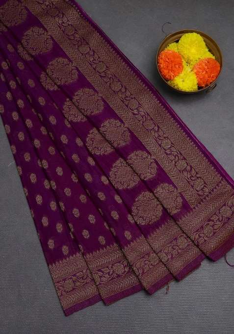 Banarasi Semi Crepe Saree Purple With Allover Woven Buttas And Woven Border With Buttas And Brocade Design For Women