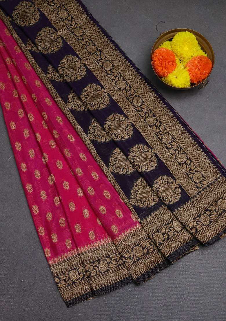 Banarasi Semi Crepe Saree Pink And Navy Blue With Allover Woven Buttas And Woven Border With Buttas And Brocade Design For Women - Indya
