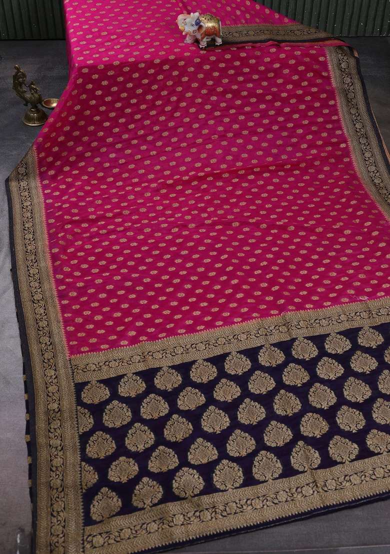 Banarasi Semi Crepe Saree Pink And Navy Blue With Allover Woven Buttas And Woven Border With Buttas And Brocade Design For Women - Indya