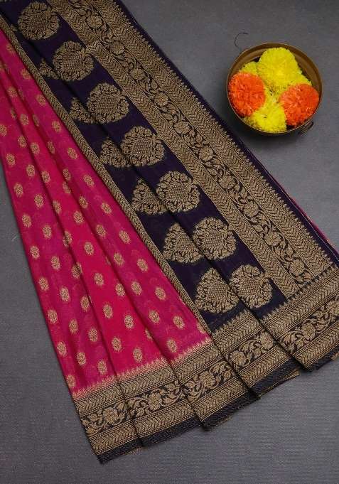 Banarasi Semi Crepe Saree Pink And Navy Blue With Allover Woven Buttas And Woven Border With Buttas And Brocade Design For Women