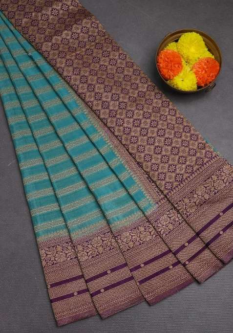Banarasi Semi Crepe Saree Pastel Blue And Violet With Allover Thread Zari Weaves And Woven Border With Traditional Woven Design For Women