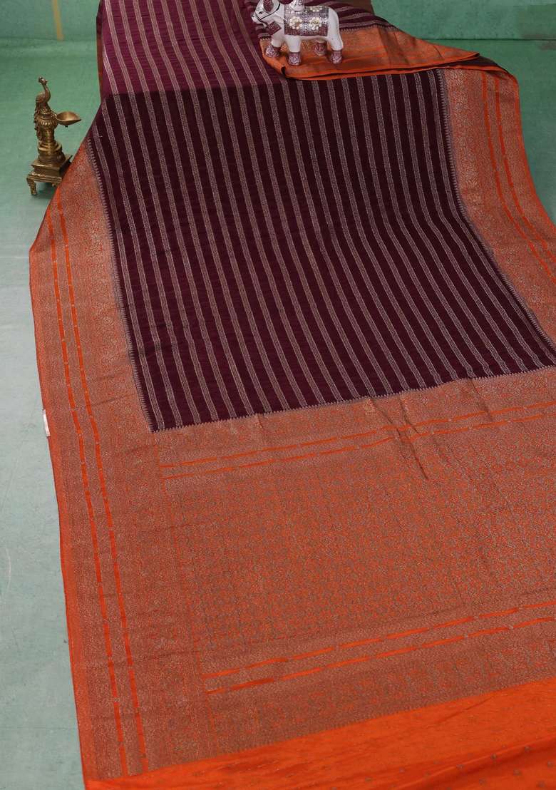 Banarasi Semi Crepe Saree Deep Wine And Orange With Allover Thread Zari Weaves And Woven Border With Traditional Woven Design For Women - Indya