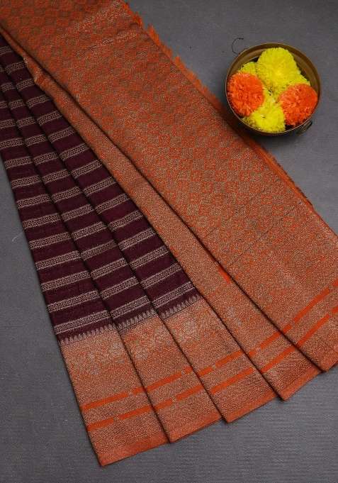 Banarasi Semi Crepe Saree Deep Wine And Orange With Allover Thread Zari Weaves And Woven Border With Traditional Woven Design For Women