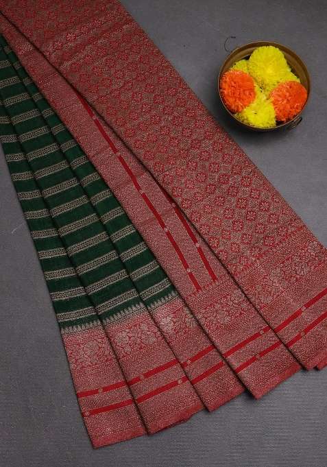 Banarasi Semi Crepe Saree Green And Red With Allover Thread Zari Weaves And Woven Border With Traditional Woven Design For Women