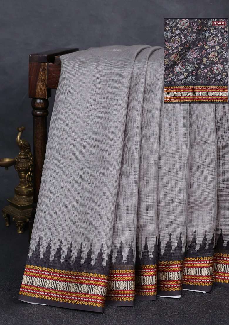 Art Kota Art Silk Saree Grey And Black With Plain Body And Temple Design Rudhrasha Zari Woven Border With Printed Design For Women - Indya