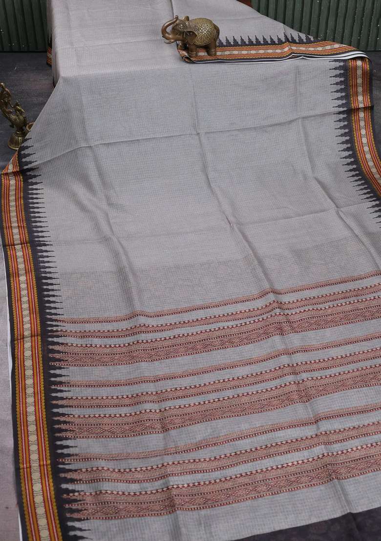 Art Kota Art Silk Saree Grey And Black With Plain Body And Temple Design Rudhrasha Zari Woven Border With Printed Design For Women - Indya