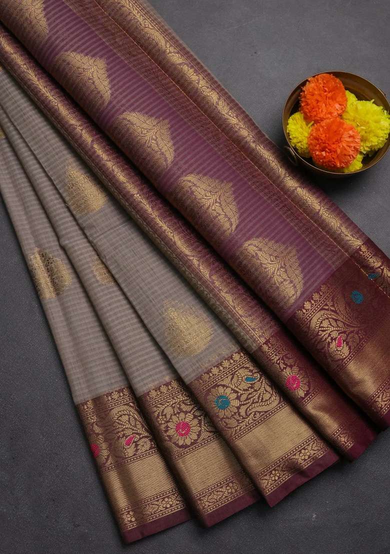 Banarasi Semi Dupion Art Silk Saree Grey And Wine Shade With Thread Zari Woven Buttas And Woven Border With Buttas And Brocade Design For Women - Indya