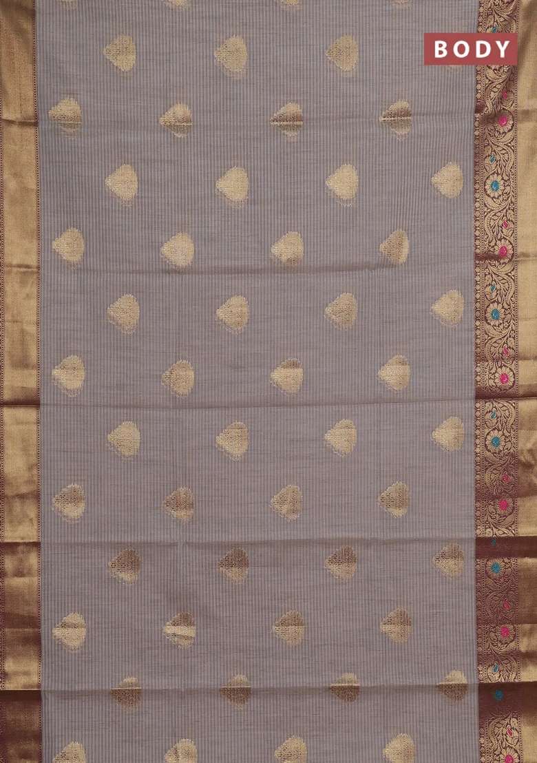 Banarasi Semi Dupion Art Silk Saree Grey And Wine Shade With Thread Zari Woven Buttas And Woven Border With Buttas And Brocade Design For Women - Indya