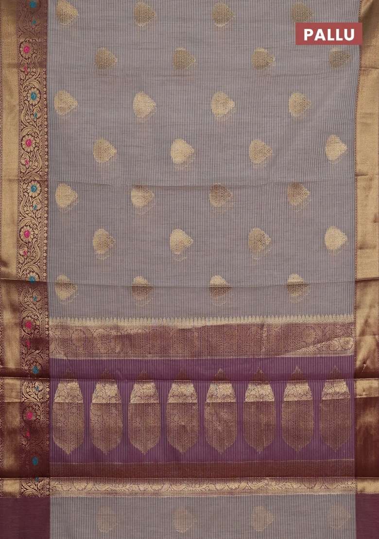Banarasi Semi Dupion Art Silk Saree Grey And Wine Shade With Thread Zari Woven Buttas And Woven Border With Buttas And Brocade Design For Women - Indya