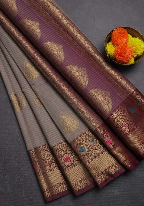 Banarasi Semi Dupion Art Silk Saree Grey And Wine Shade With Thread Zari Woven Buttas And Woven Border With Buttas And Brocade Design For Women