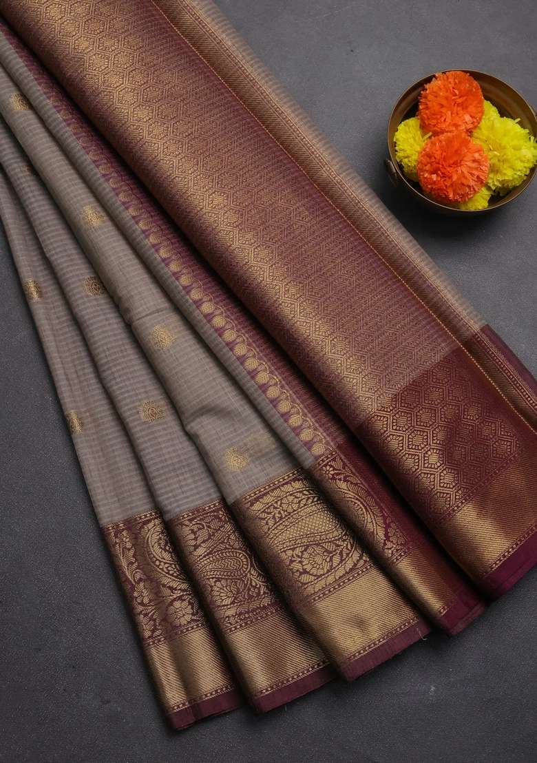 Banarasi Semi Dupion Art Silk Saree Grey And Wine Shade With Thread Zari Woven Buttas And Long Woven Border With Buttas And Brocade Design For Women - Indya