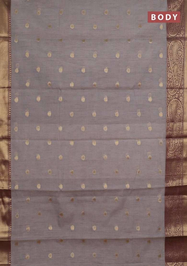 Banarasi Semi Dupion Art Silk Saree Grey And Wine Shade With Thread Zari Woven Buttas And Long Woven Border With Buttas And Brocade Design For Women - Indya