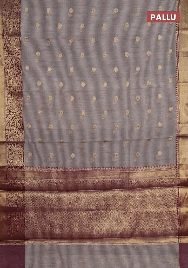 Banarasi Semi Dupion Art Silk Saree Grey And Wine Shade With Thread Zari Woven Buttas And Long Woven Border With Buttas And Brocade Design For Women - Indya