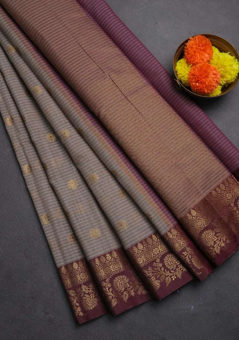 Banarasi Semi Dupion Art Silk Saree Grey And Wine Shade With Thread Zari Woven Buttas And Woven Border With Buttas And Brocade Design For Women - Indya