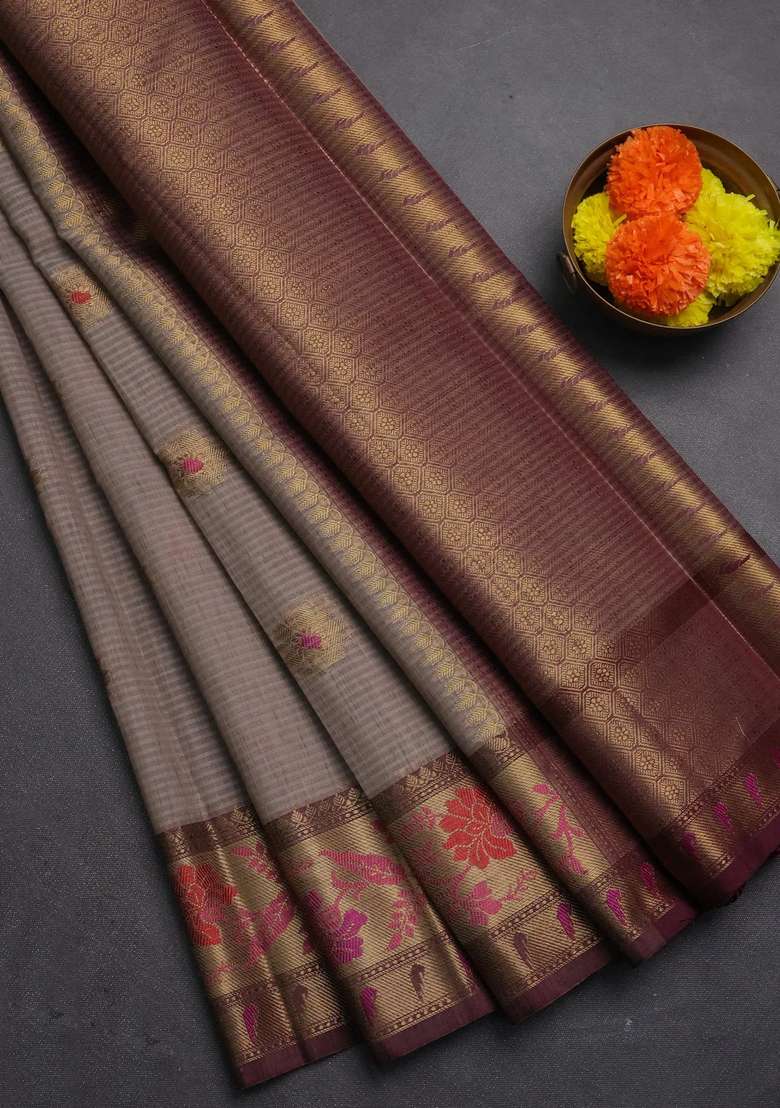 Banarasi Semi Dupion Art Silk Saree Grey And Wine Shade With Zari Woven Buttas And Zari Woven Border With Buttas And Brocade Design For Women - Indya