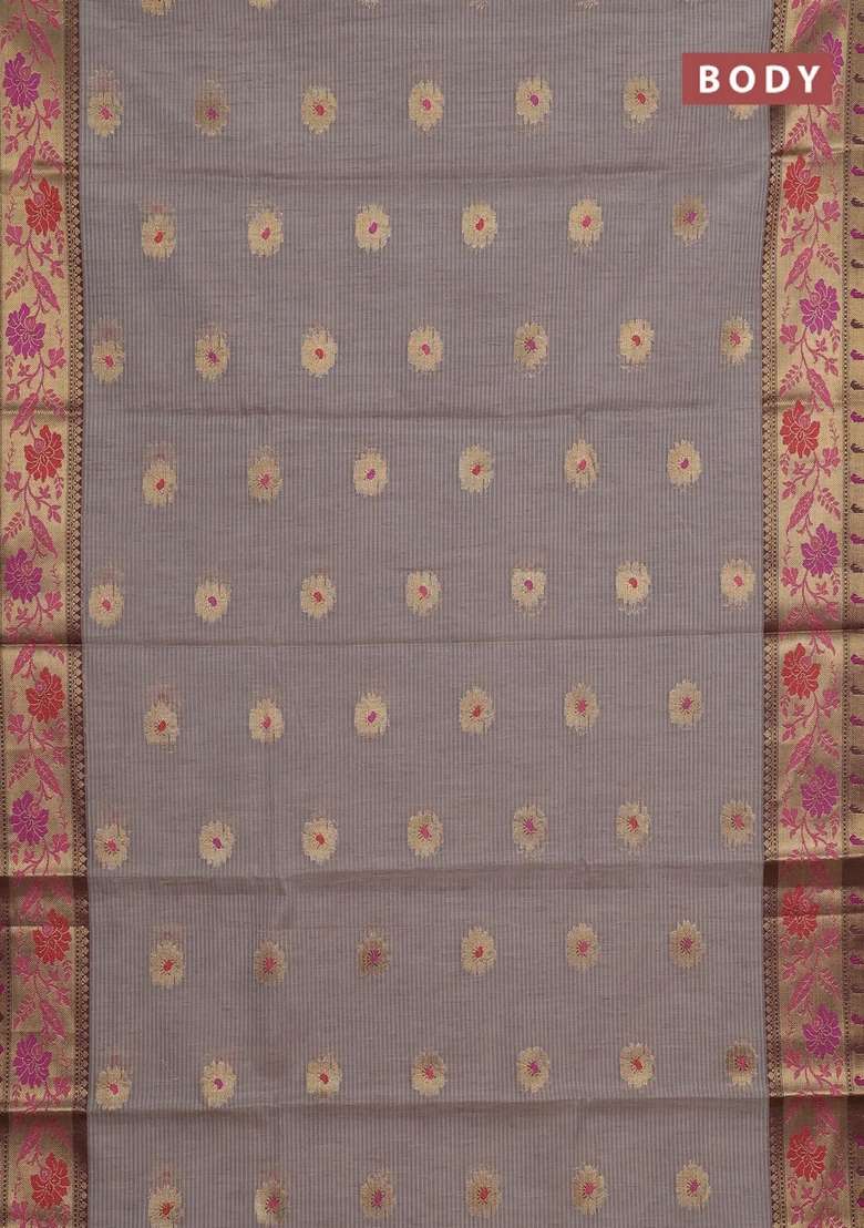 Banarasi Semi Dupion Art Silk Saree Grey And Wine Shade With Zari Woven Buttas And Zari Woven Border With Buttas And Brocade Design For Women - Indya