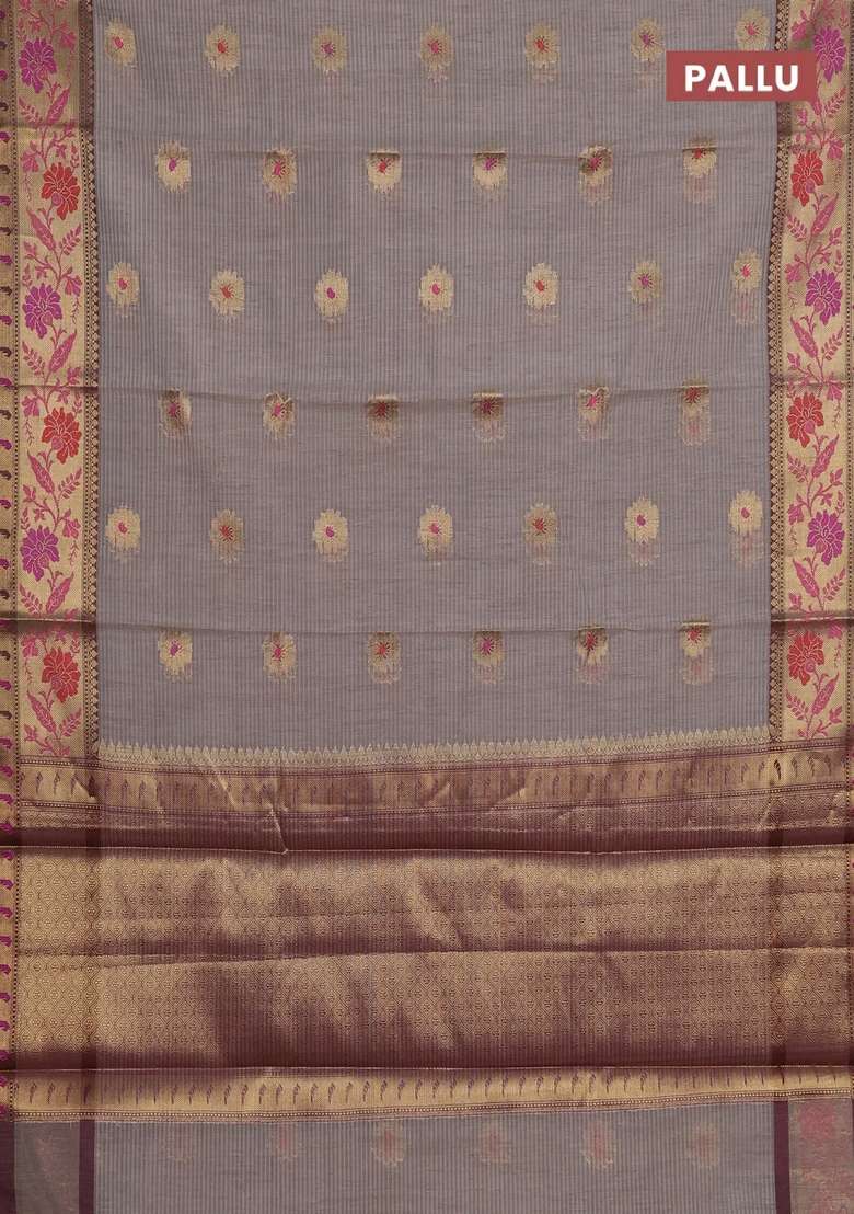 Banarasi Semi Dupion Art Silk Saree Grey And Wine Shade With Zari Woven Buttas And Zari Woven Border With Buttas And Brocade Design For Women - Indya