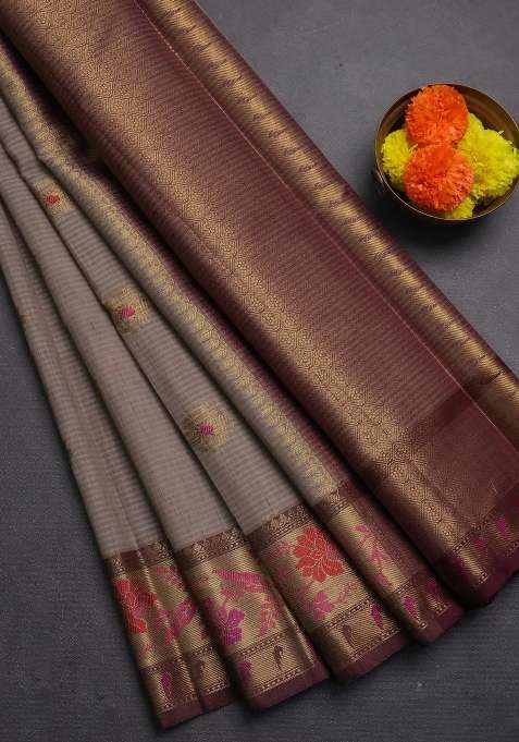 Banarasi Semi Dupion Art Silk Saree Grey And Wine Shade With Zari Woven Buttas And Zari Woven Border With Buttas And Brocade Design For Women