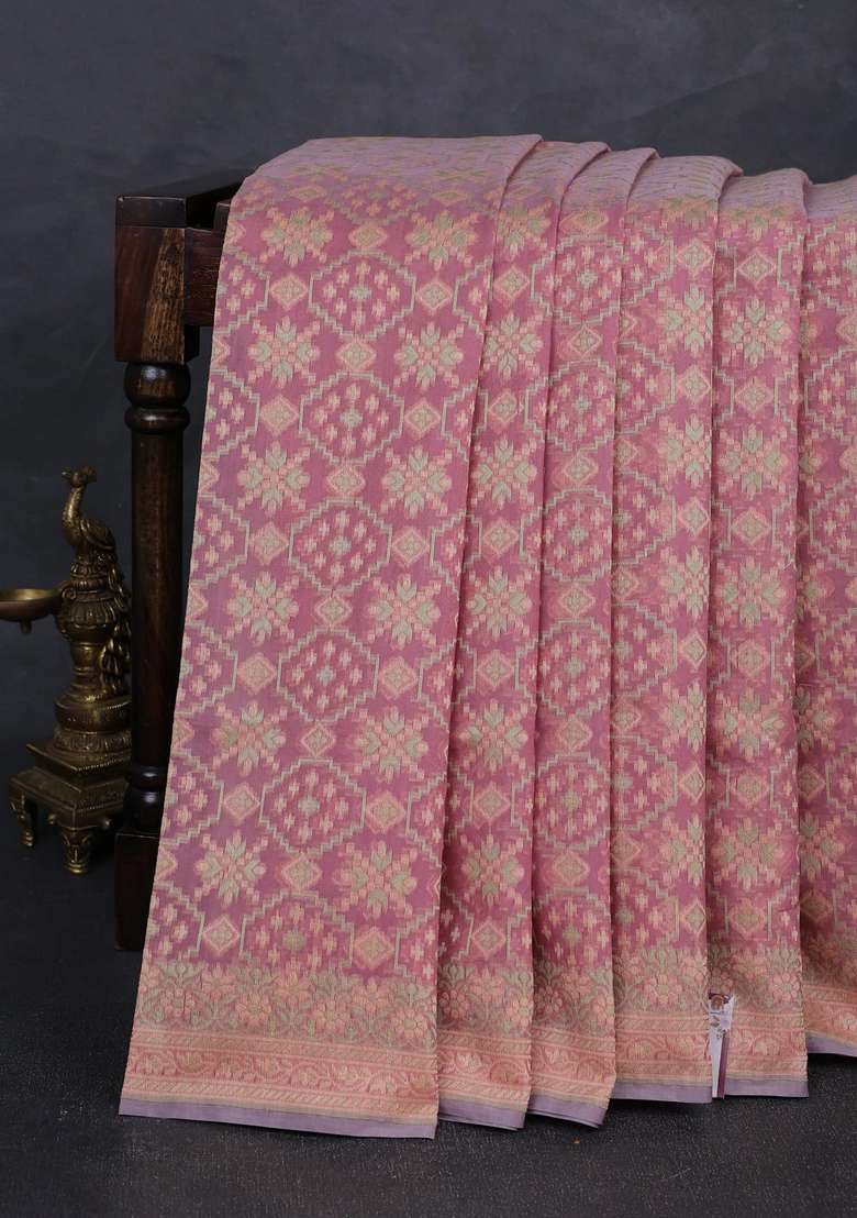 Banarasi Cotton Saree Pastel Pink With Allover Thread Weaves And Woven Border With Traditional Woven Design For Women - Indya