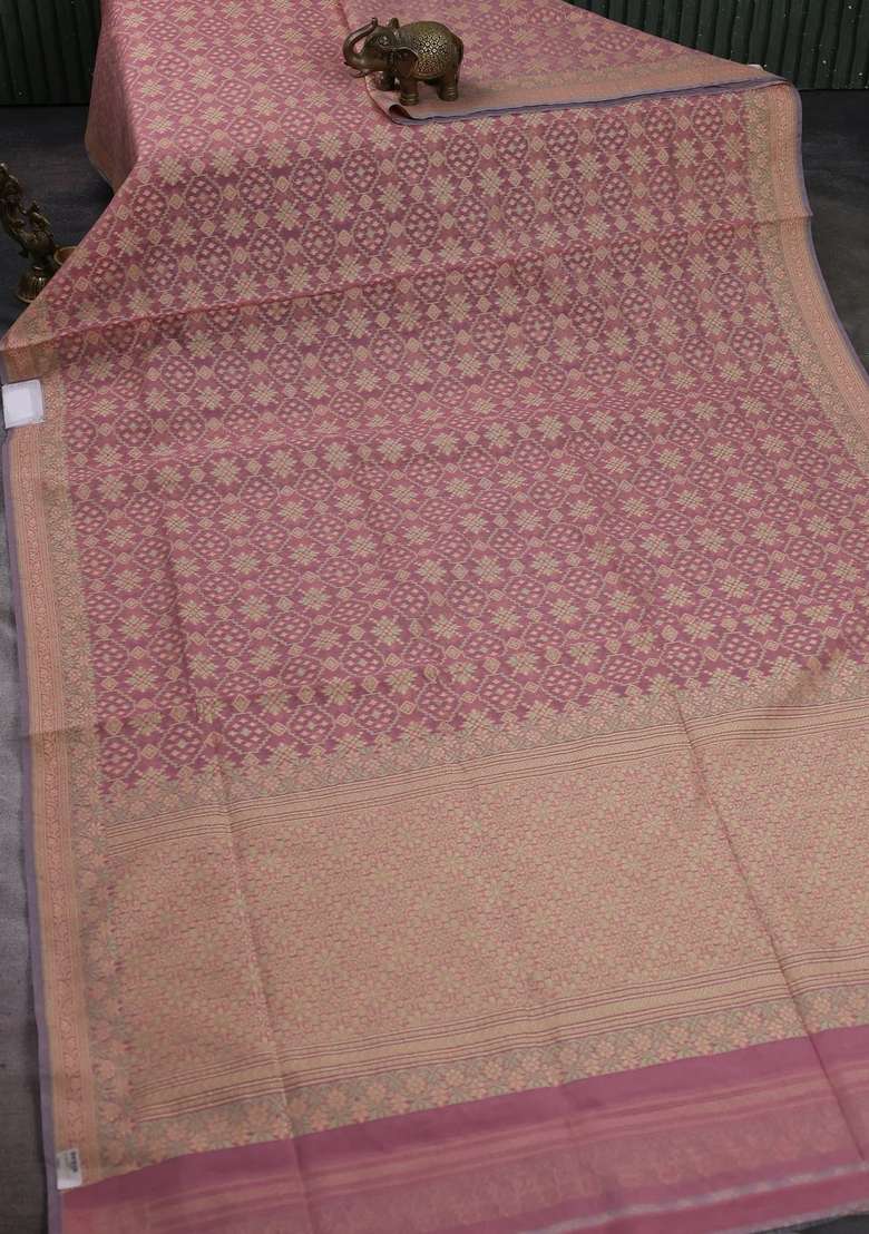 Banarasi Cotton Saree Pastel Pink With Allover Thread Weaves And Woven Border With Traditional Woven Design For Women - Indya