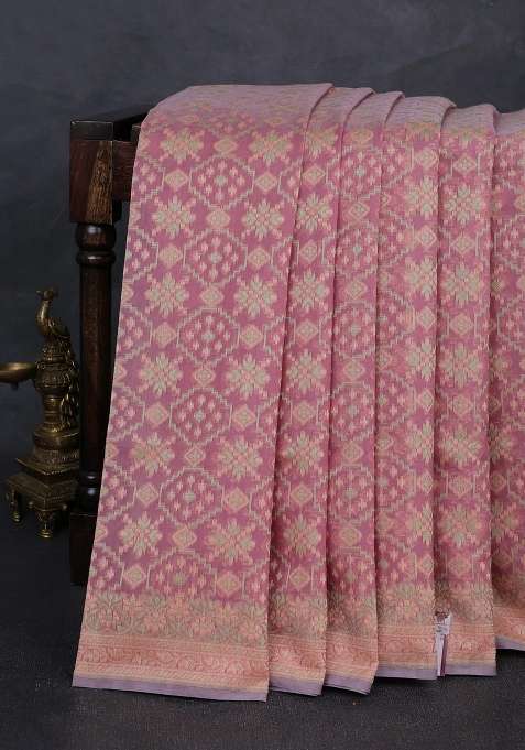 Banarasi Cotton Saree Pastel Pink With Allover Thread Weaves And Woven Border With Traditional Woven Design For Women