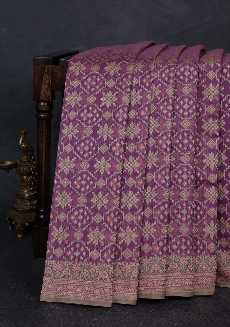 Banarasi Cotton Saree Purple Shade With Allover Thread Weaves And Woven Border With Traditional Woven Design For Women - Indya