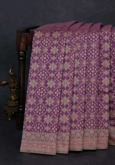 Banarasi Cotton Saree Purple Shade With Allover Thread Weaves And Woven Border With Traditional Woven Design For Women
