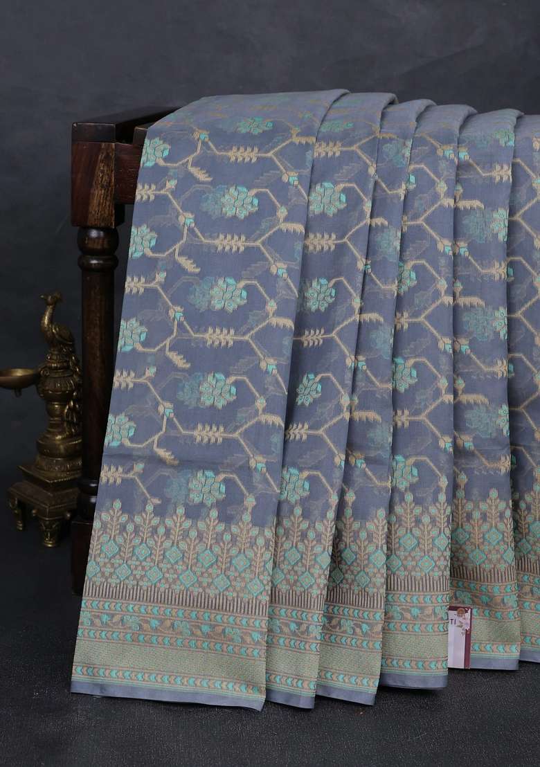 Banarasi Cotton Saree Grey With Allover Thread Weaves And Woven Border With Traditional Woven Design For Women - Indya