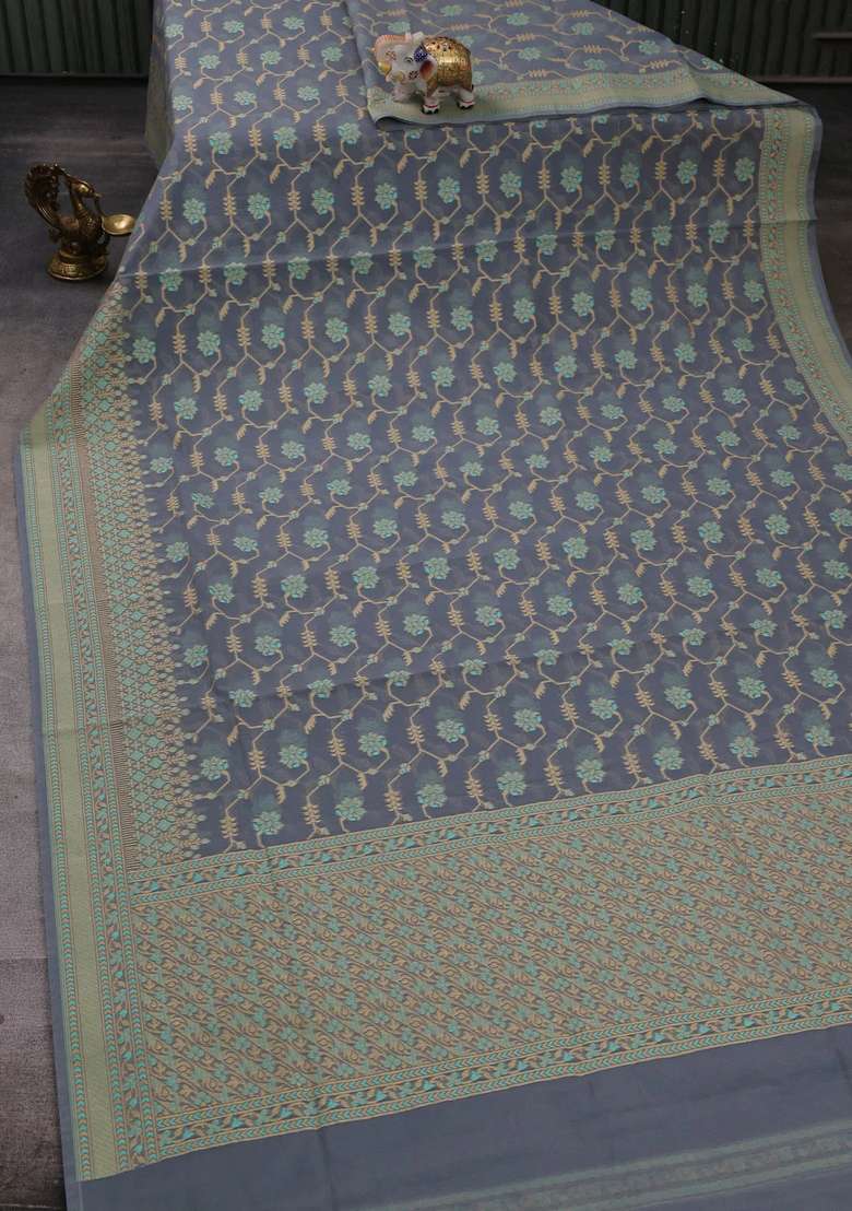 Banarasi Cotton Saree Grey With Allover Thread Weaves And Woven Border With Traditional Woven Design For Women - Indya
