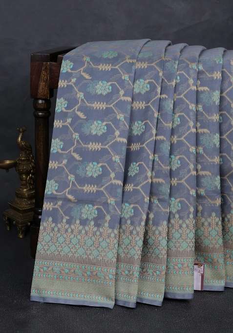 Banarasi Cotton Saree Grey With Allover Thread Weaves And Woven Border With Traditional Woven Design For Women