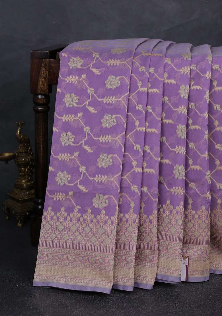 Banarasi Cotton Saree Lavender With Allover Thread Weaves And Woven Border With Traditional Woven Design For Women - Indya