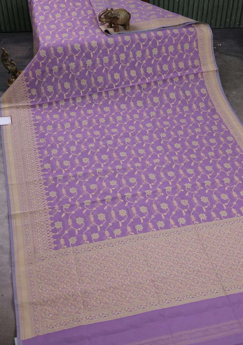 Banarasi Cotton Saree Lavender With Allover Thread Weaves And Woven Border With Traditional Woven Design For Women - Indya