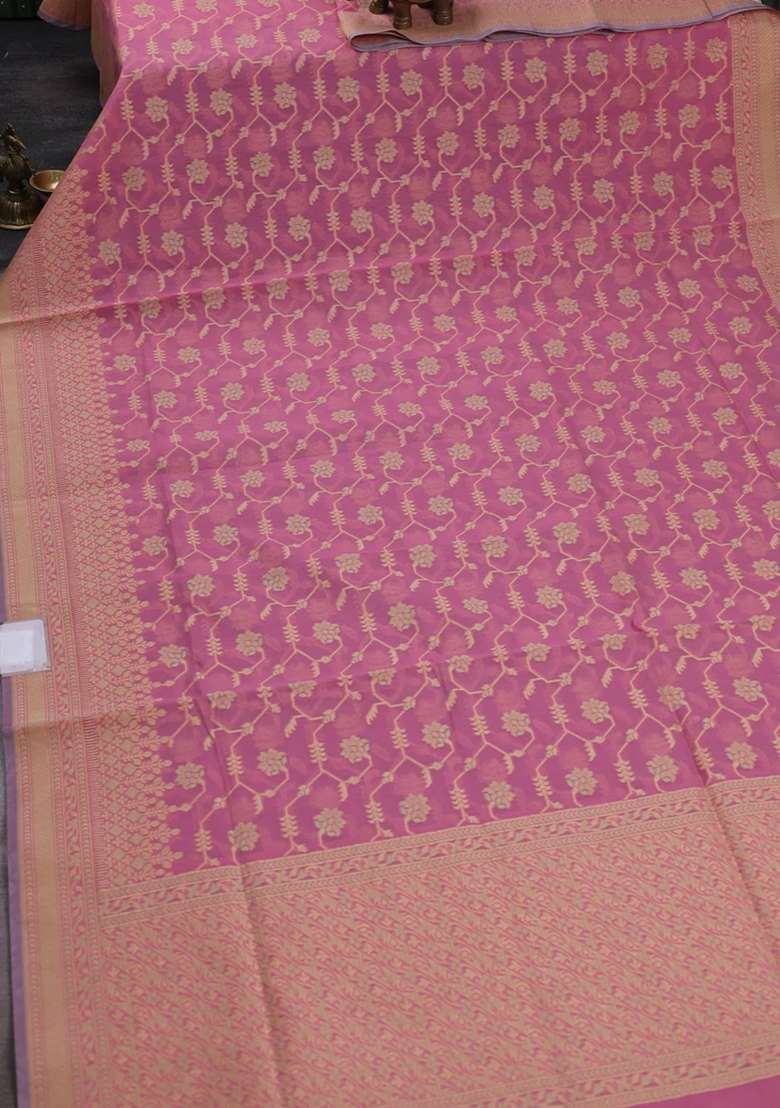 Banarasi Cotton Saree Peach Pink With Allover Thread Weaves And Woven Border With Traditional Woven Design For Women - Indya
