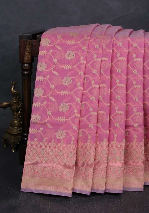 Banarasi Cotton Saree Peach Pink With Allover Thread Weaves And Woven Border With Traditional Woven Design For Women