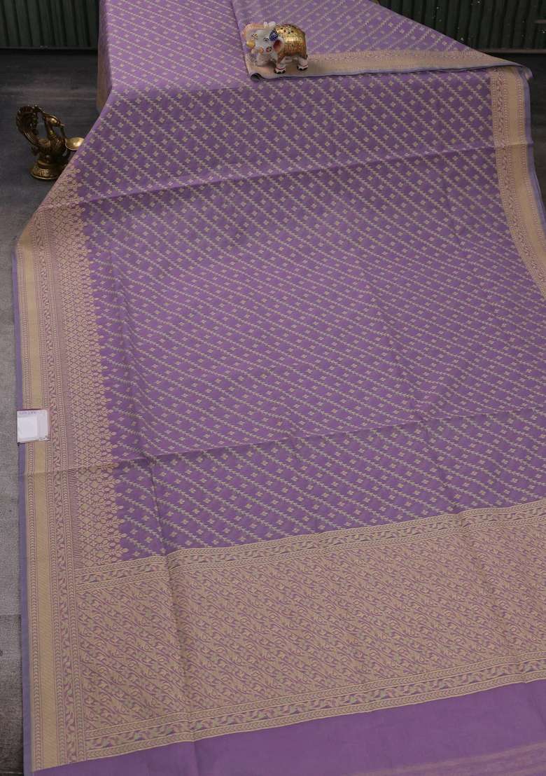 Banarasi Cotton Saree Lavender With Allover Thread Weaves And Woven Border With Traditional Woven Design For Women - Indya