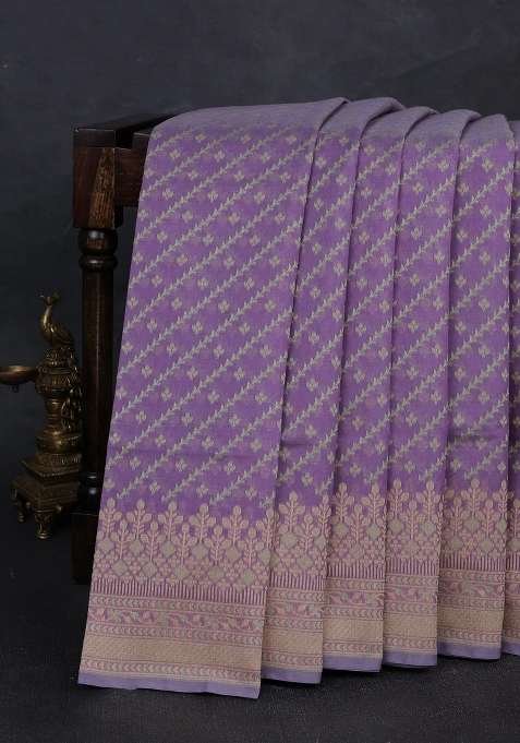Banarasi Cotton Saree Lavender With Allover Thread Weaves And Woven Border With Traditional Woven Design For Women