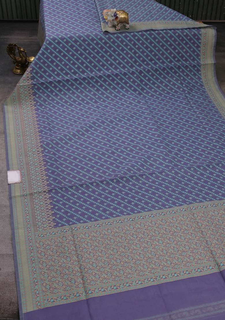 Banarasi Cotton Saree Pastel Lavender With Allover Thread Weaves And Woven Border With Traditional Woven Design For Women - Indya