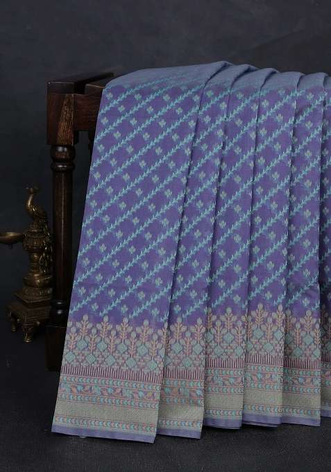 Banarasi Cotton Saree Pastel Lavender With Allover Thread Weaves And Woven Border With Traditional Woven Design For Women