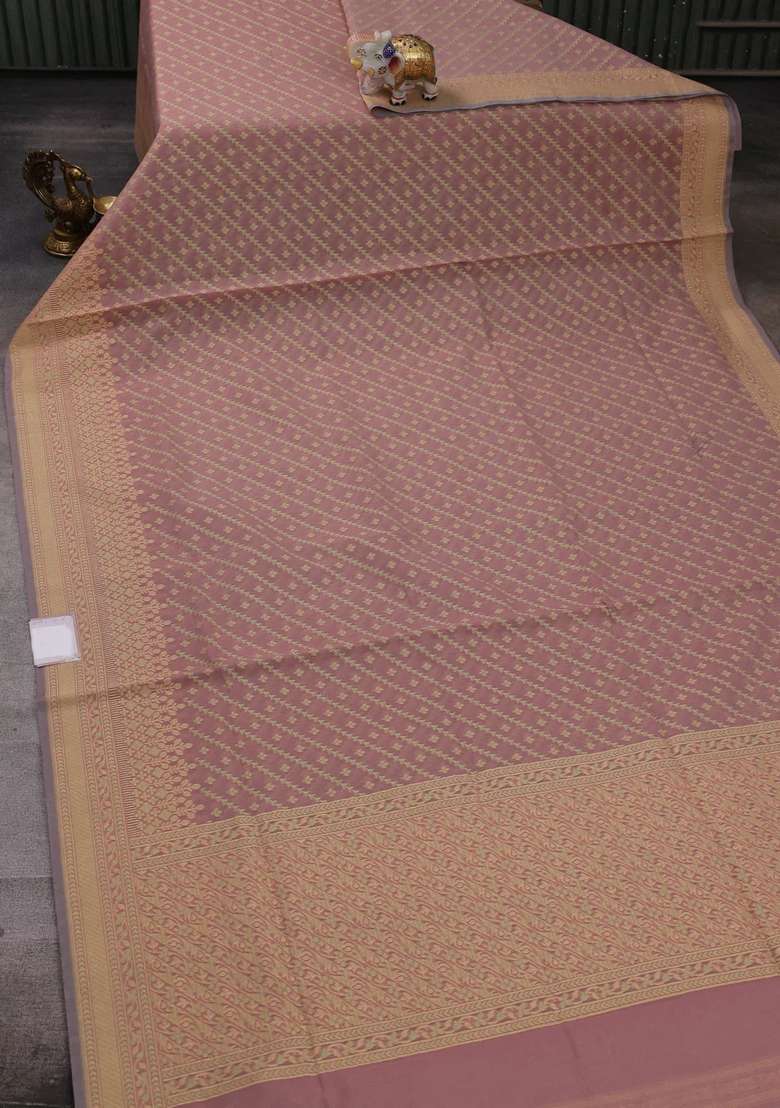 Banarasi Cotton Saree Pastel Pink With Allover Thread Weaves And Woven Border With Traditional Woven Design For Women - Indya