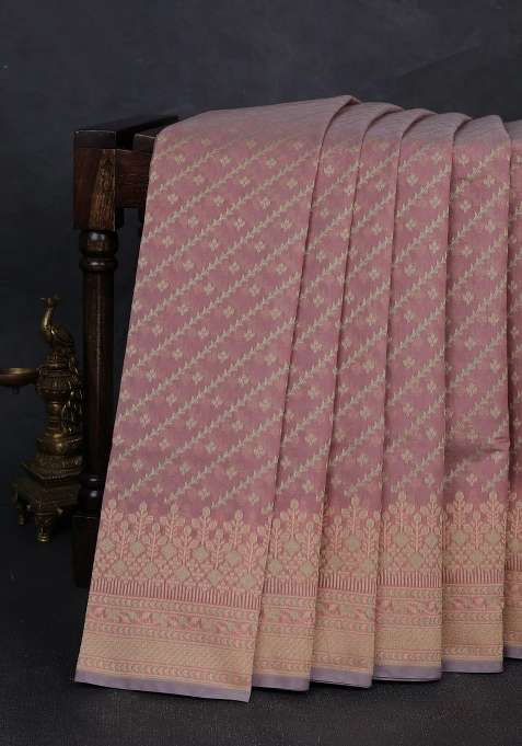 Banarasi Cotton Saree Pastel Pink With Allover Thread Weaves And Woven Border With Traditional Woven Design For Women