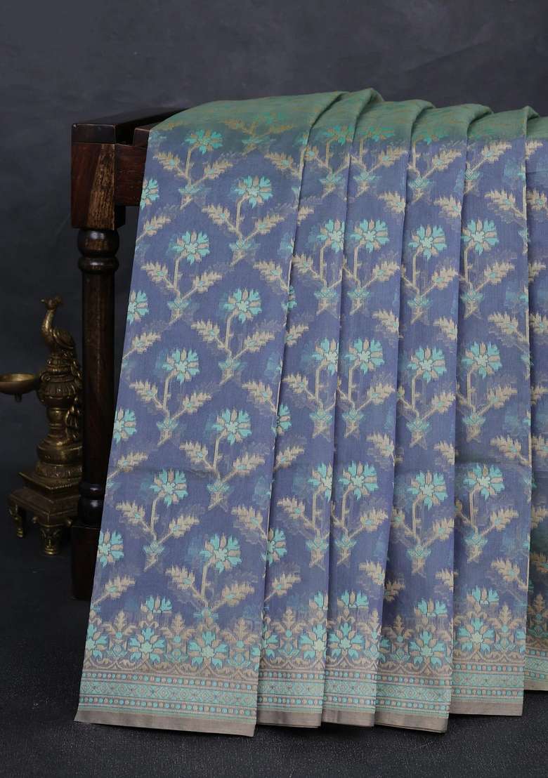 Banarasi Cotton Saree Bluish Grey With Allover Thread Weaves And Woven Border With Traditional Woven Design For Women - Indya